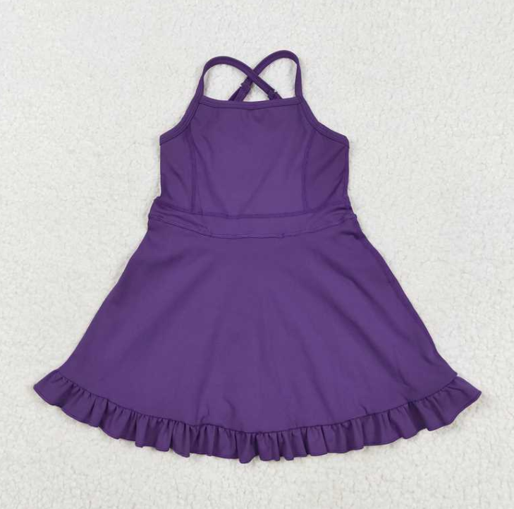 S0554  RTS Purple solid  girl  summer athletic yoga dress