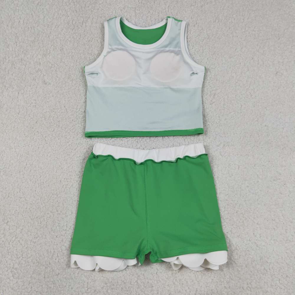 GSD4025 RTS Green white print active girl yoga scallop skirt dress