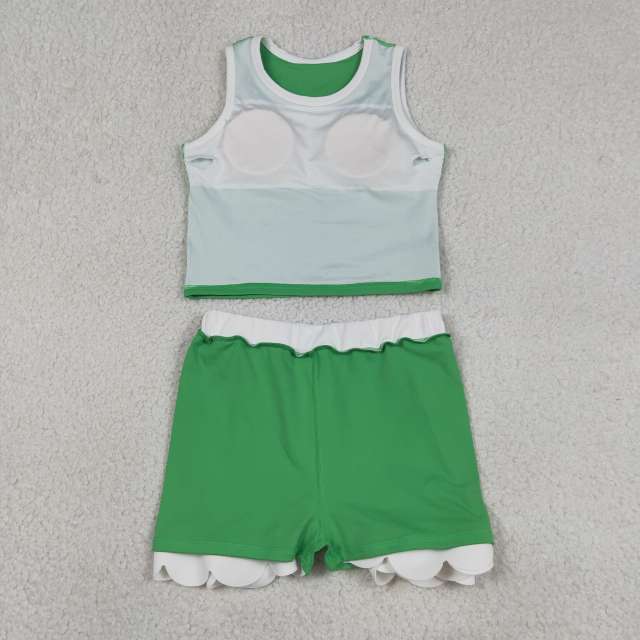 GSD4025 RTS Green white print active girl yoga scallop skirt dress