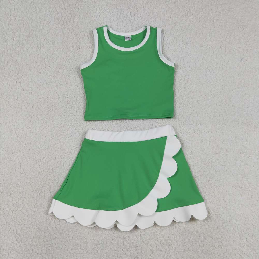 GSD4025 RTS Green white print active girl yoga scallop skirt dress