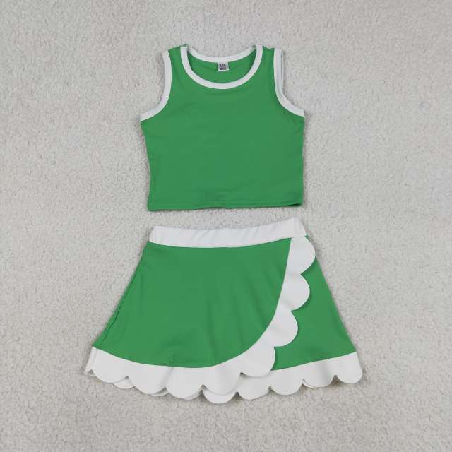 GSD4025 RTS Green white print active girl yoga scallop skirt dress
