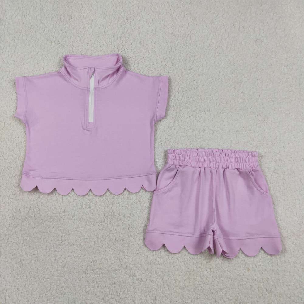 GSSO3378  Purple solid  short sleeve girl Scallop outfits