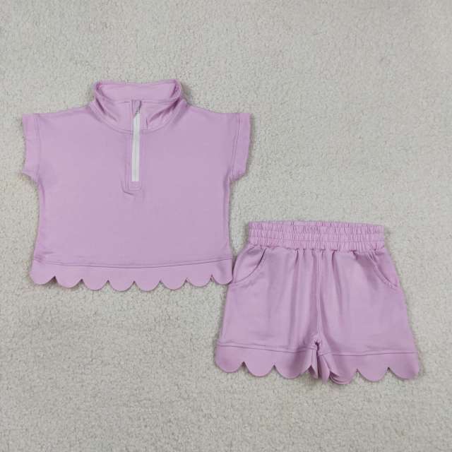 GSSO3378  Purple solid  short sleeve girl Scallop outfits