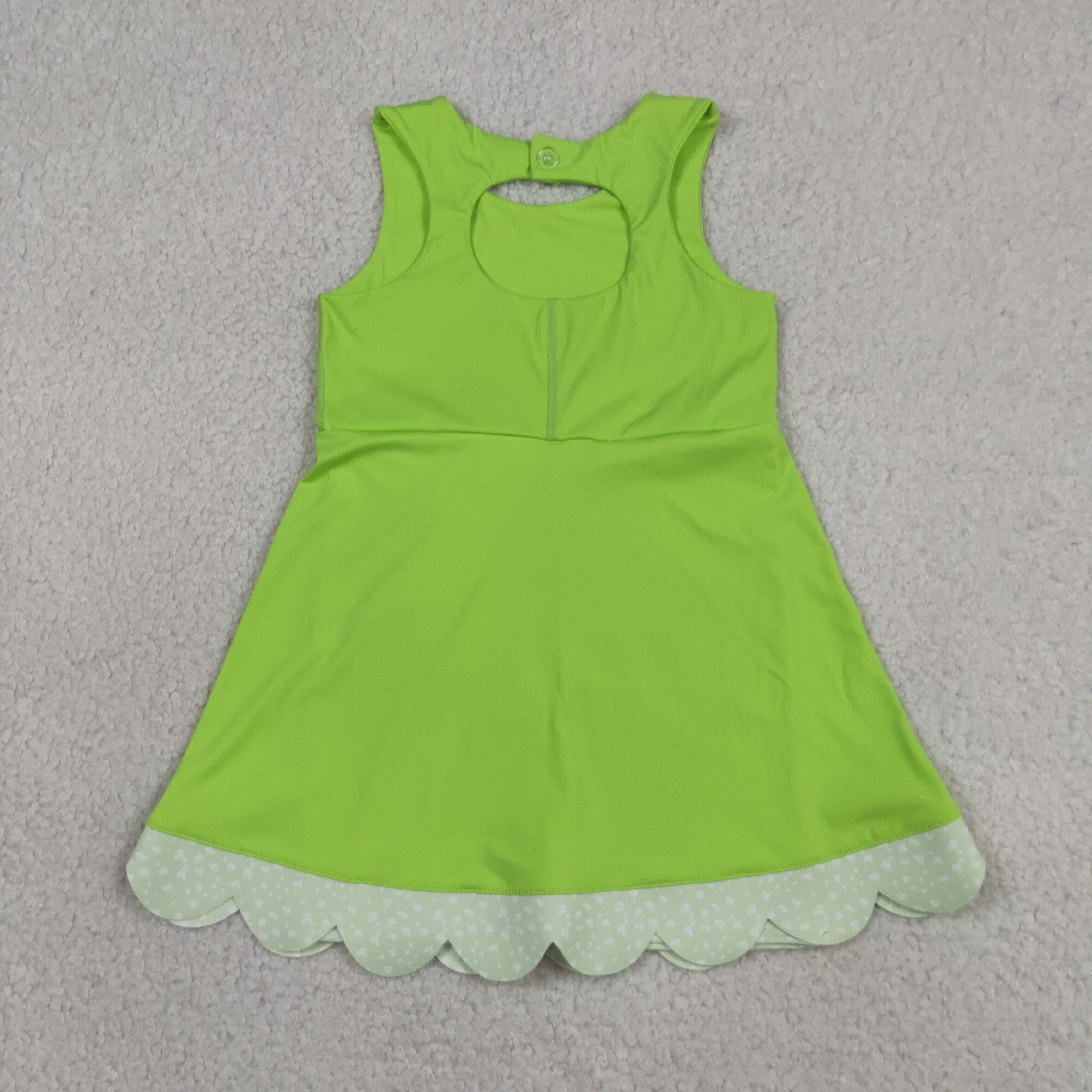 GSD3316   RTS green plaid bows  print active girl yoga scallop dress