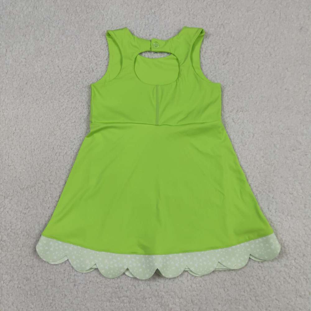 GSD3316   RTS green plaid bows  print active girl yoga scallop dress