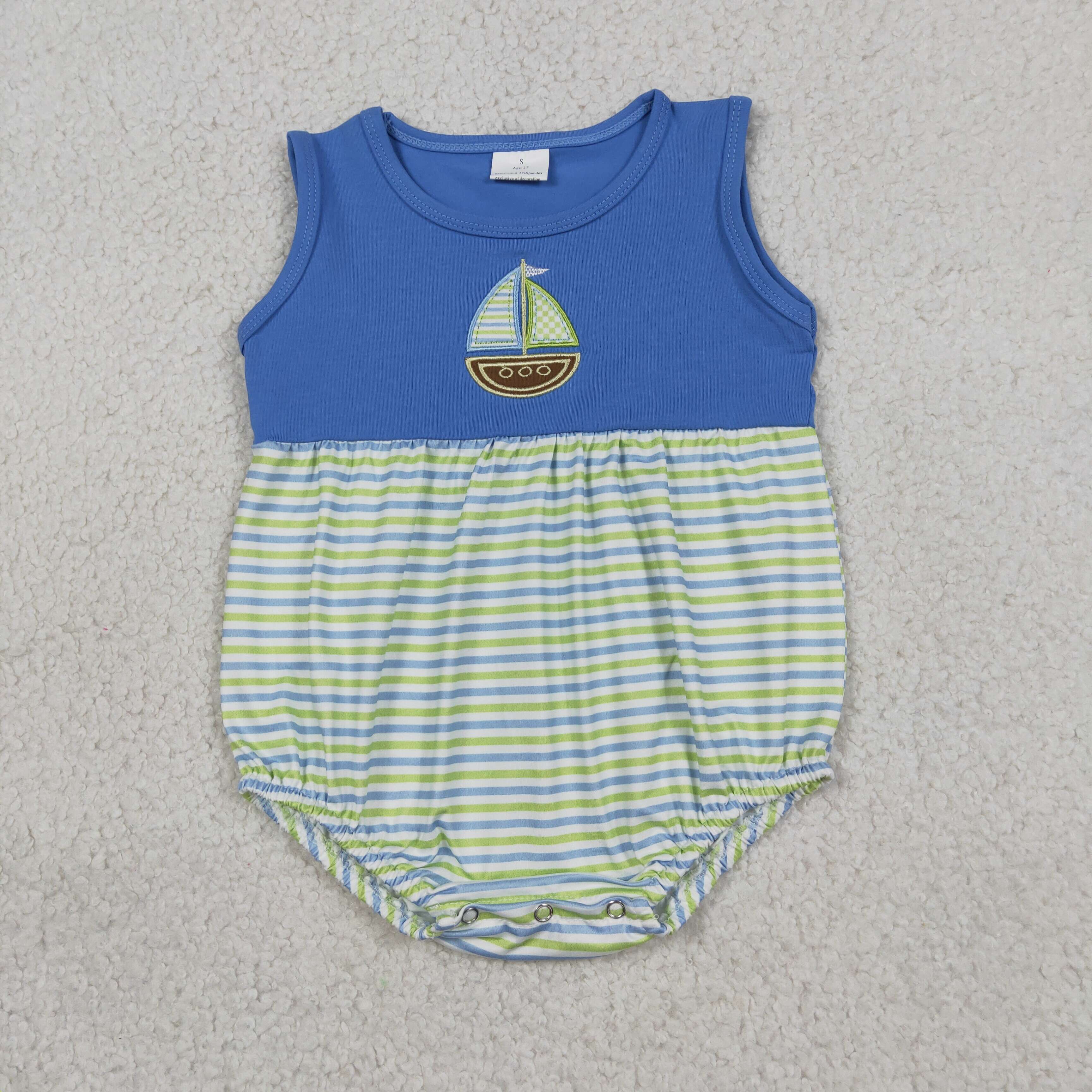 SR3892 Baby Blue Green stripe boat Embroidery  sleeveless Rompers