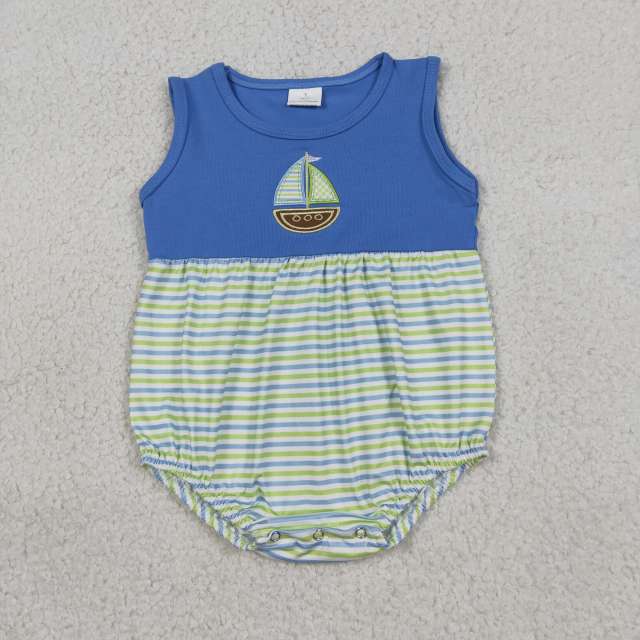 SR3892 Baby Blue Green stripe boat Embroidery  sleeveless Rompers
