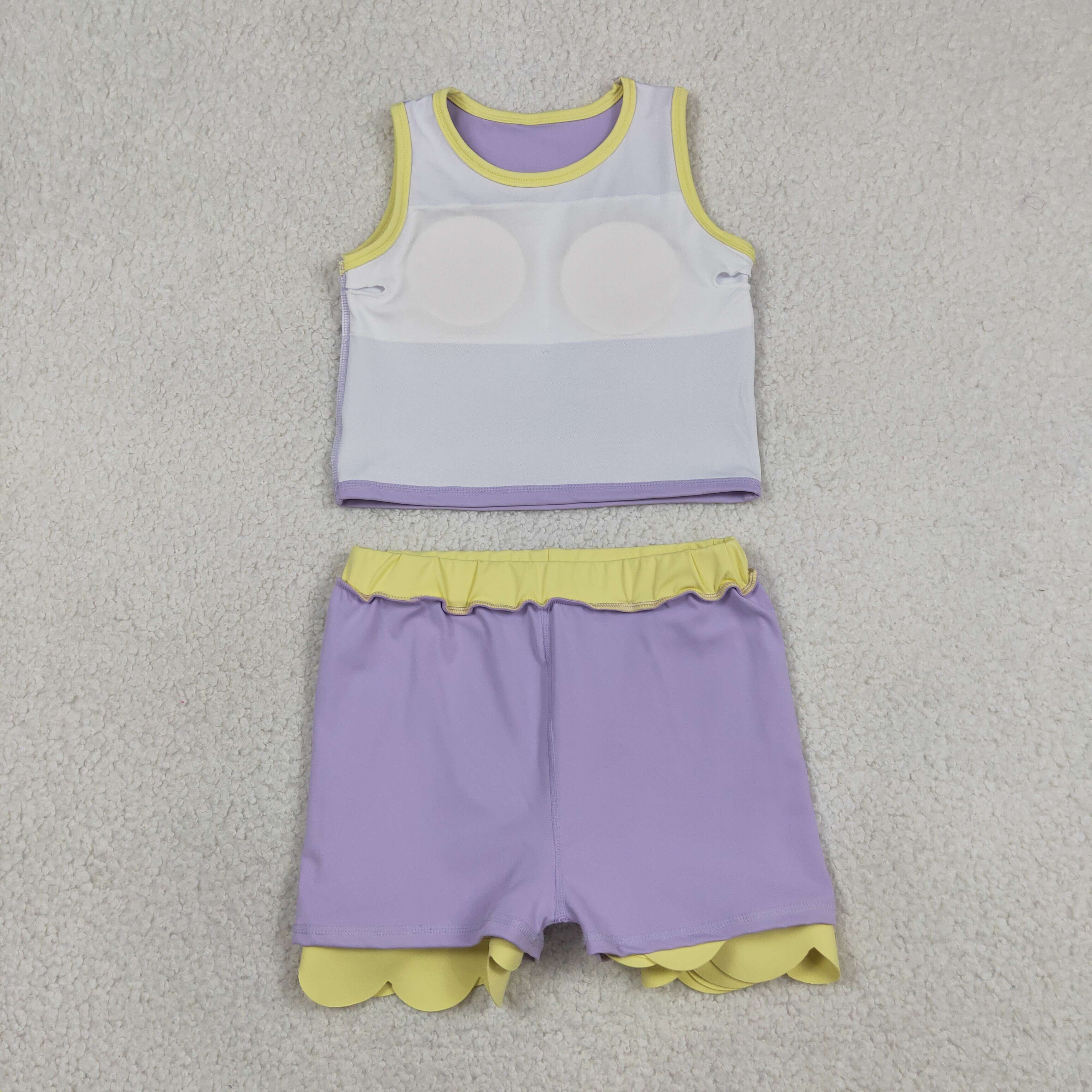 GSD4024 RTS purple yellow trim print active girl yoga scallop skirt dress