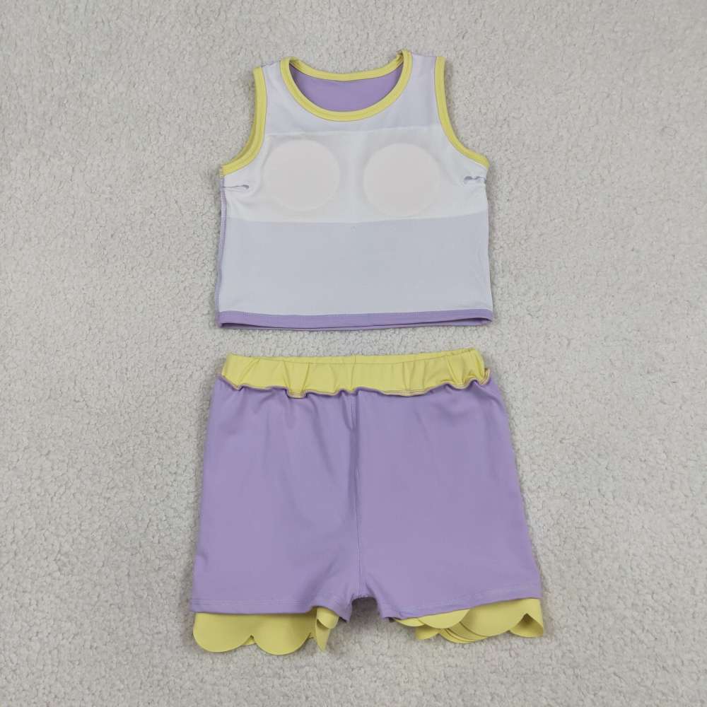 GSD4024 RTS purple yellow trim print active girl yoga scallop skirt dress