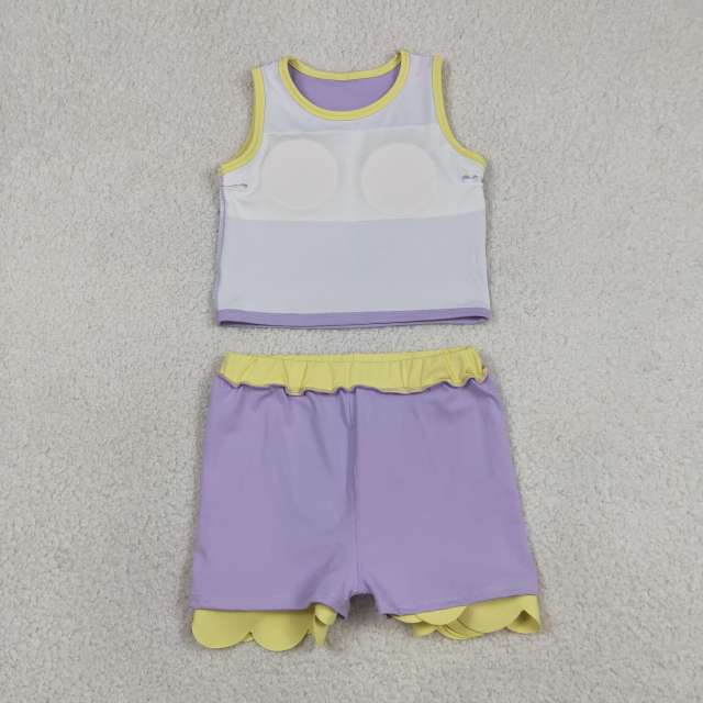 GSD4024 RTS purple yellow trim print active girl yoga scallop skirt dress