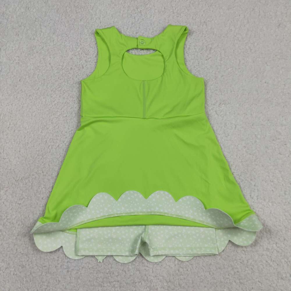 GSD3316   RTS green plaid bows  print active girl yoga scallop dress