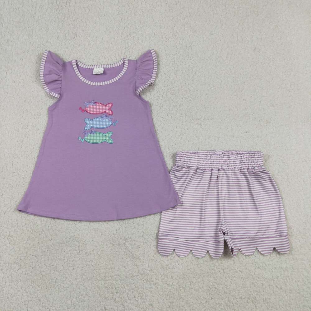 GSSO3242  purple fishes embroidery short sleeve girl outfits