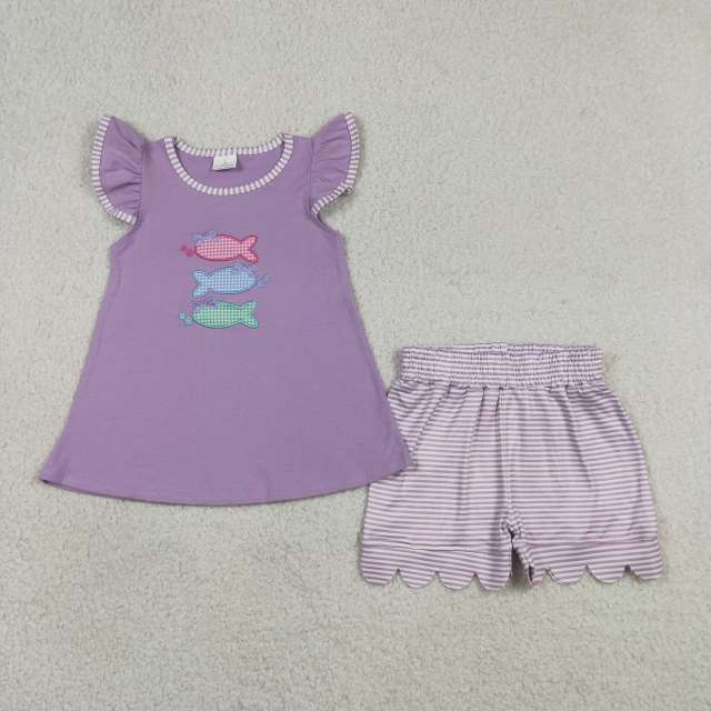 GSSO3242  purple fishes embroidery short sleeve girl outfits