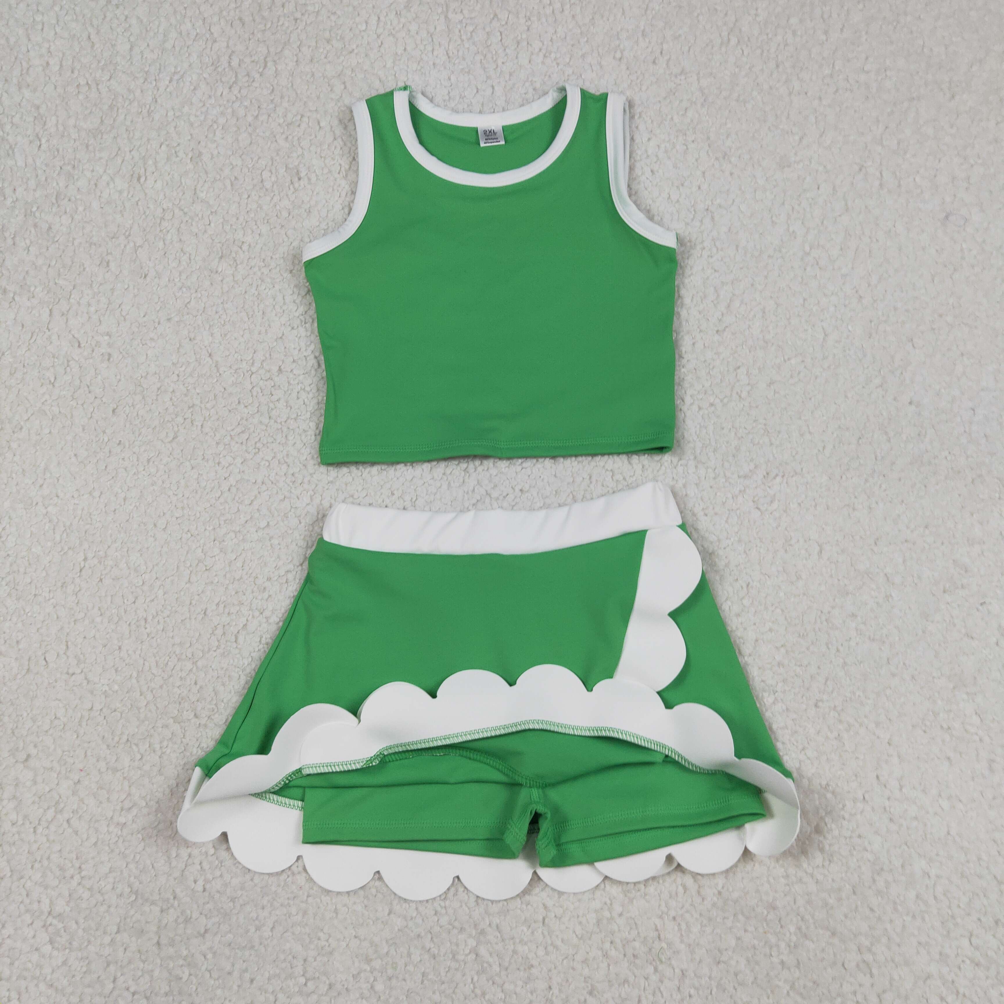 GSD4025 RTS Green white print active girl yoga scallop skirt dress
