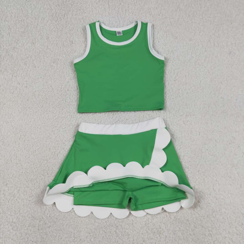 GSD4025 RTS Green white print active girl yoga scallop skirt dress