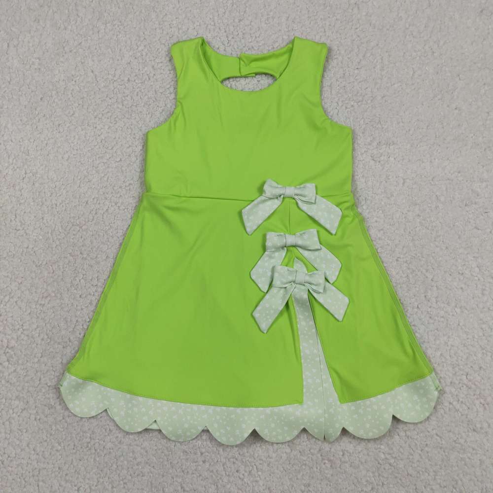 GSD3316   RTS green plaid bows  print active girl yoga scallop dress
