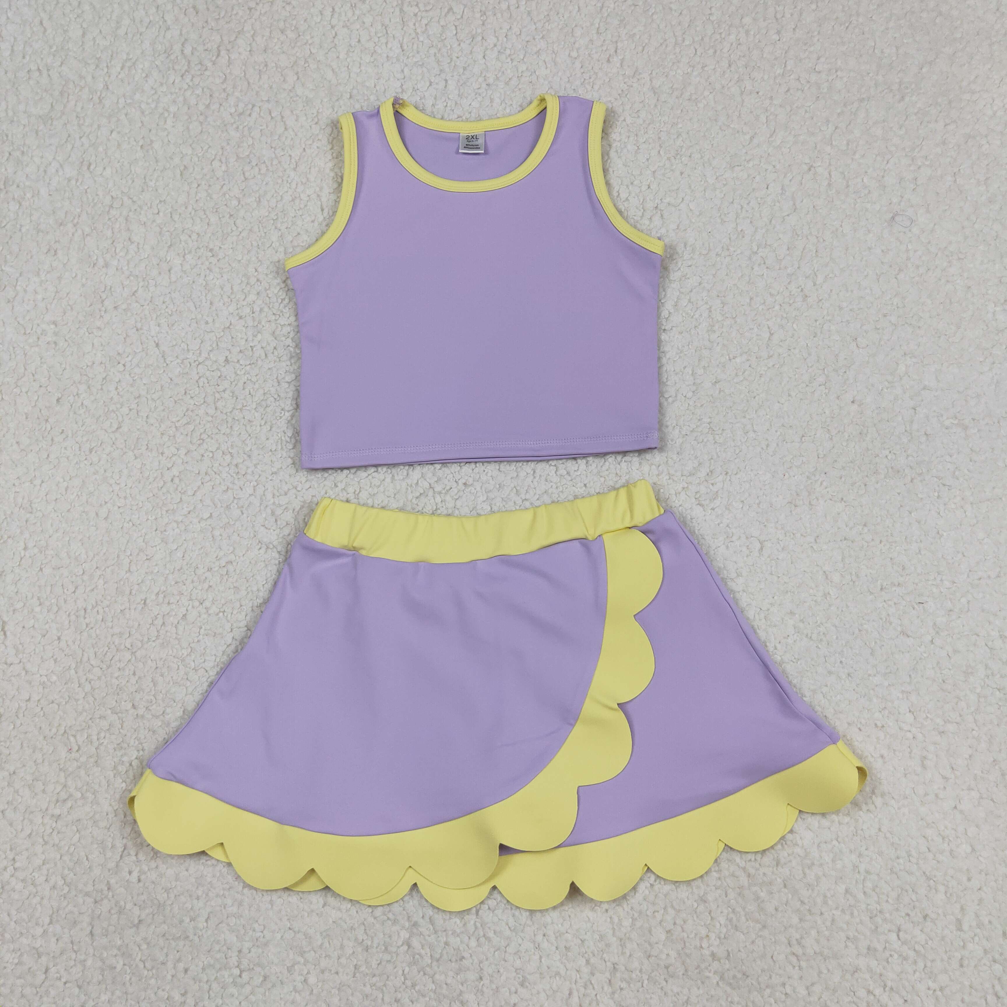 GSD4024 RTS purple yellow trim print active girl yoga scallop skirt dress