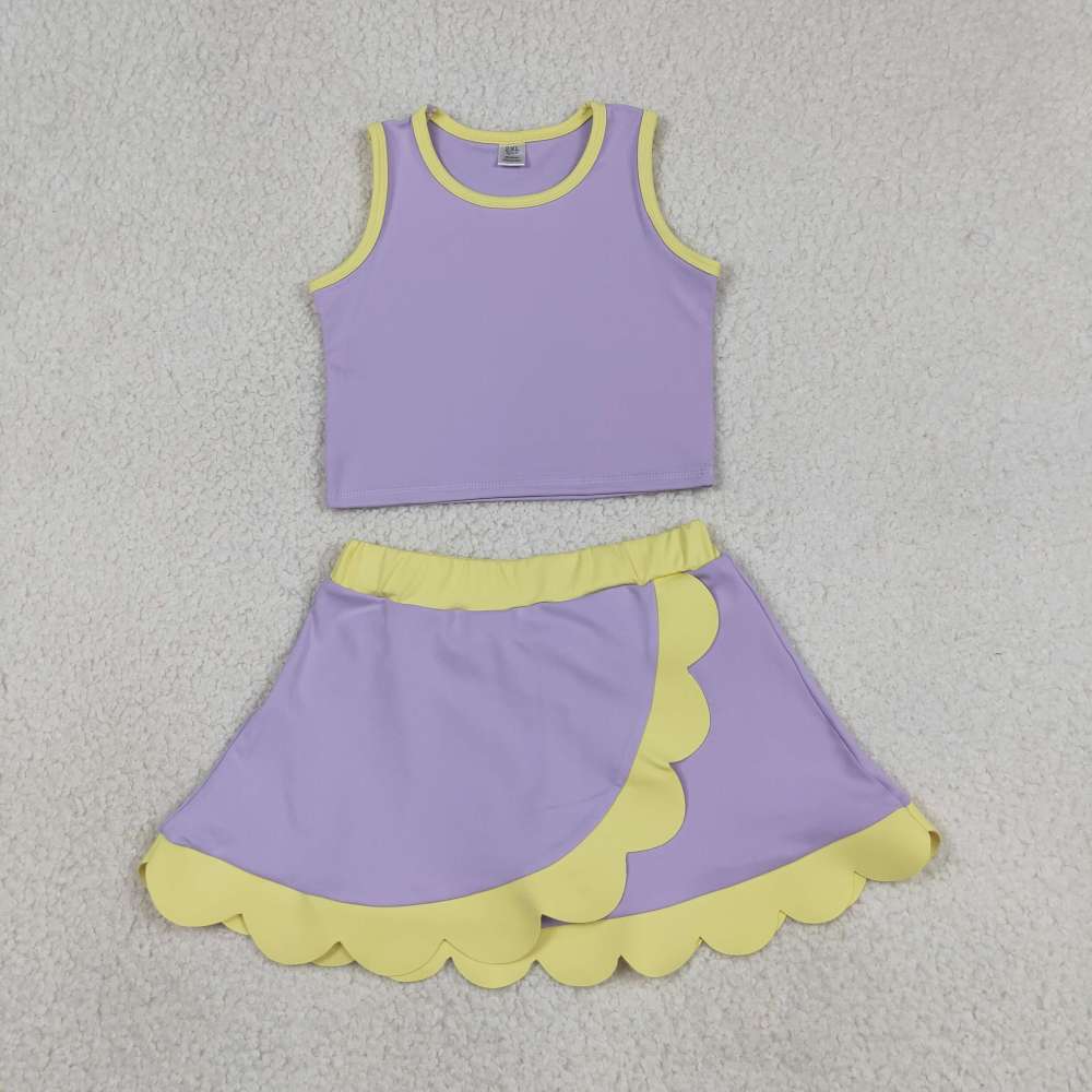 GSD4024 RTS purple yellow trim print active girl yoga scallop skirt dress