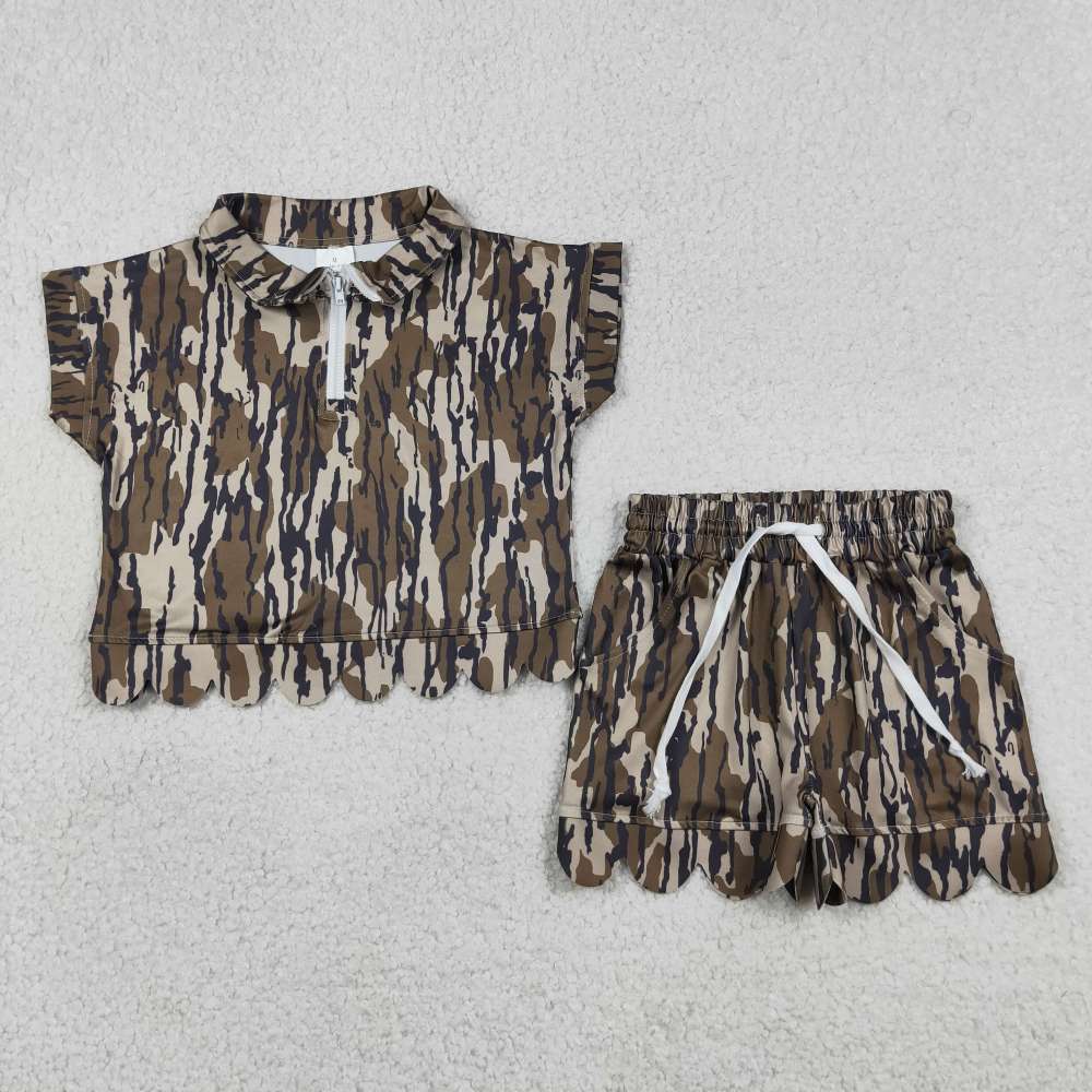 GSSO3563 Olive camo short sleeve girl Scallop outfits
