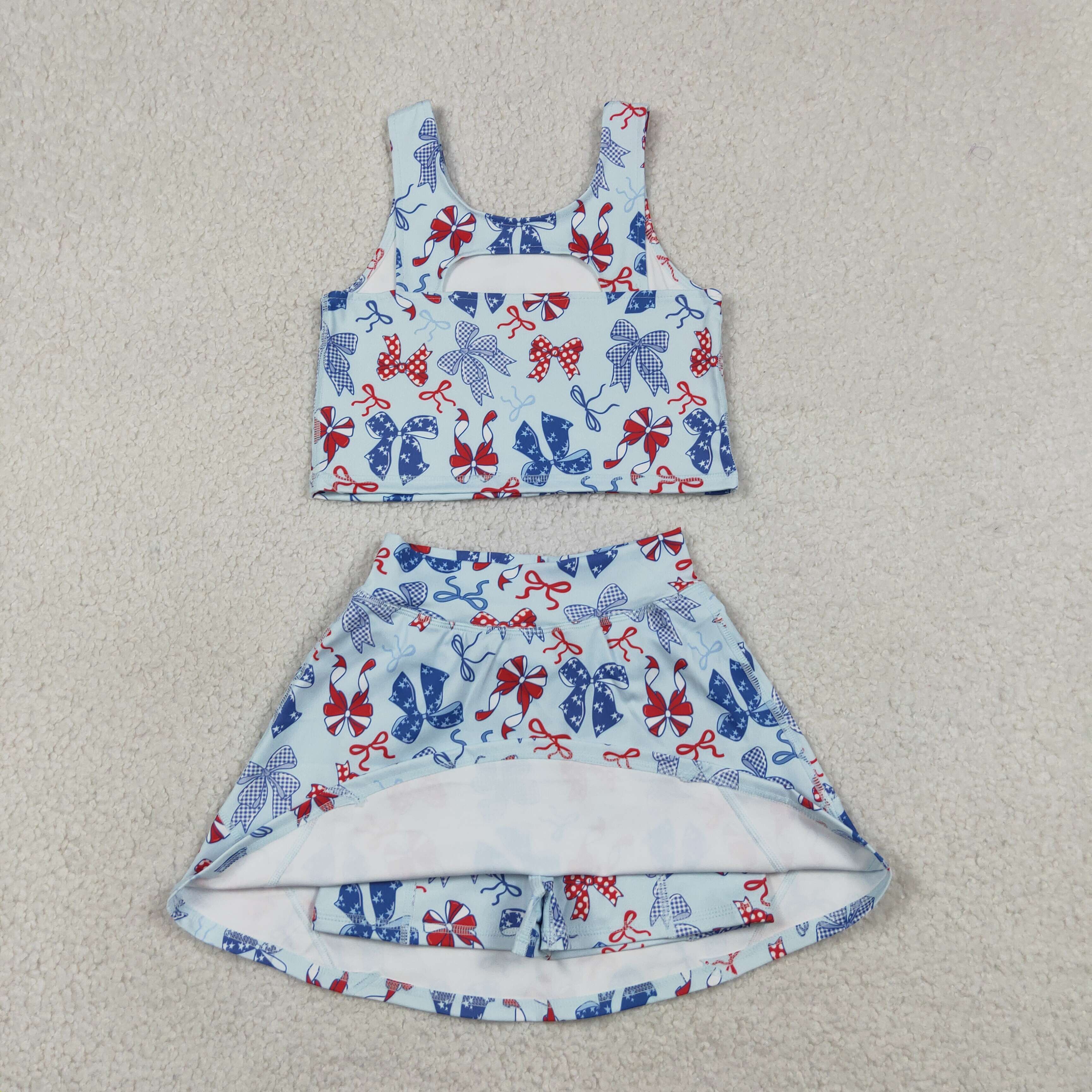 GSD3874 RTS Red Blue bows print active girl yoga skirt dress