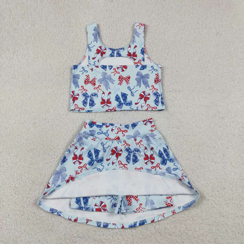 GSD3874 RTS Red Blue bows print active girl yoga skirt dress