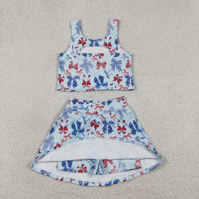 GSD3874 RTS Red Blue bows print active girl yoga skirt dress