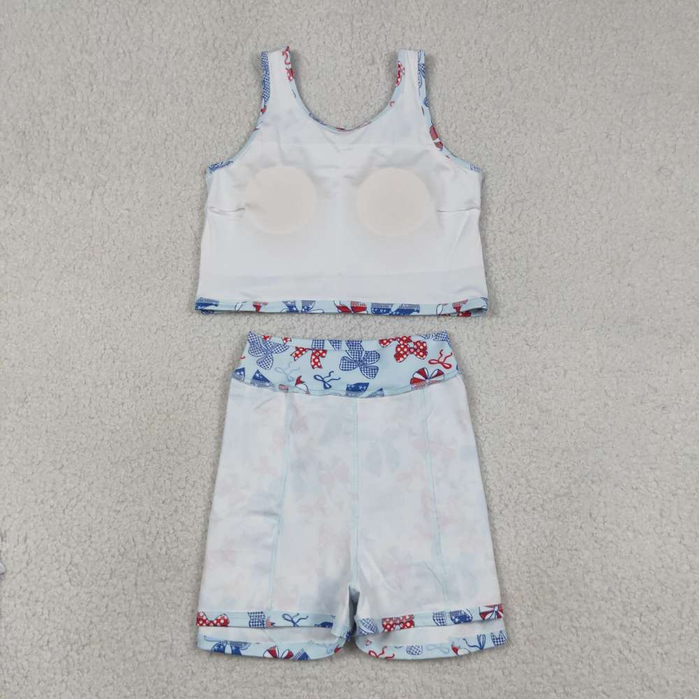 GSD3874 RTS Red Blue bows print active girl yoga skirt dress