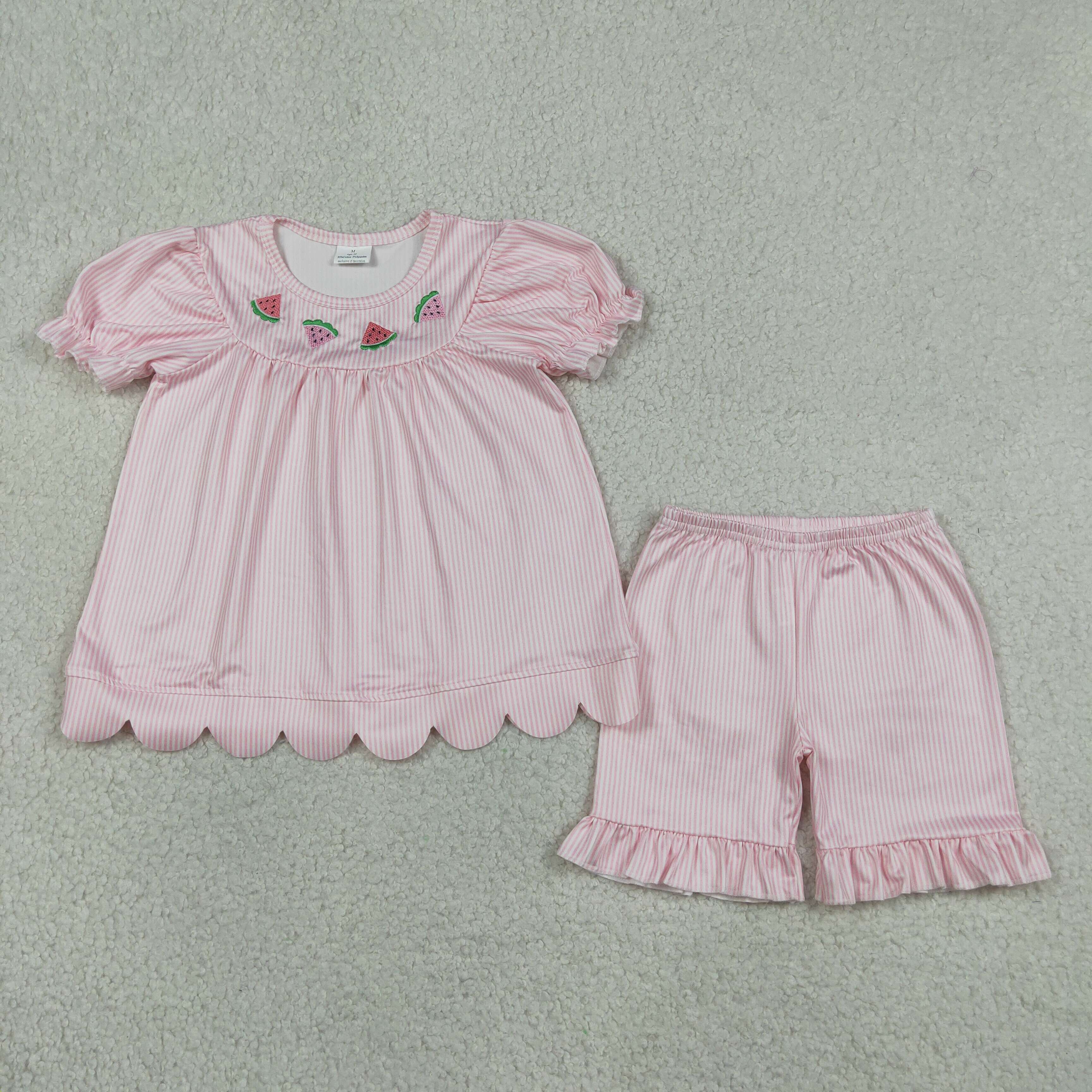 GSSO3239 Pink stripe watermelon embroidery short sleeve girl Scallop outfits