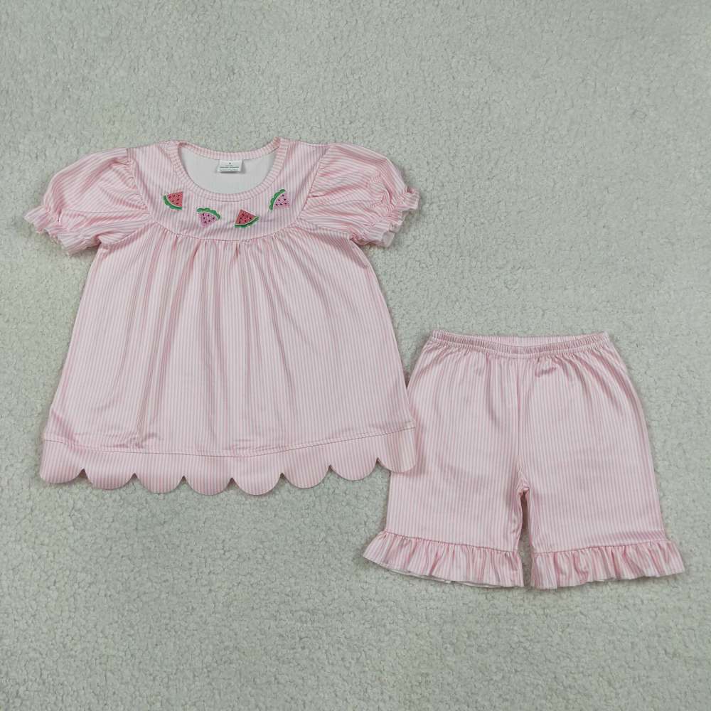 GSSO3239 Pink stripe watermelon embroidery short sleeve girl Scallop outfits