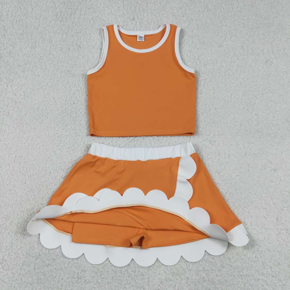 GSD4033  RTS Oraneg white trim print active girl yoga scallop skirt dress