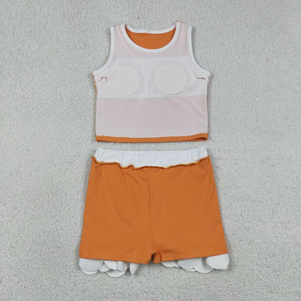 GSD4033  RTS Oraneg white trim print active girl yoga scallop skirt dress