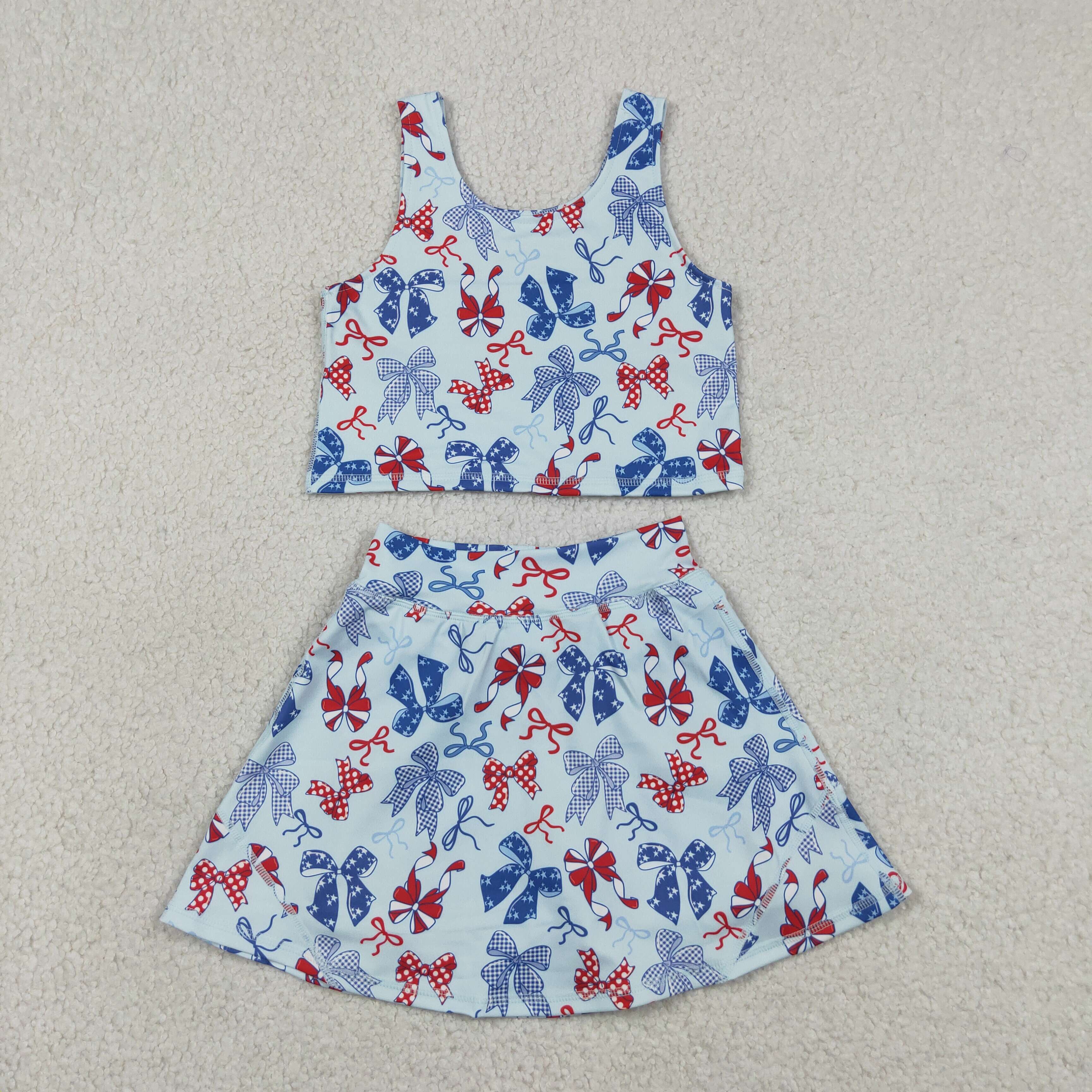 GSD3874 RTS Red Blue bows print active girl yoga skirt dress