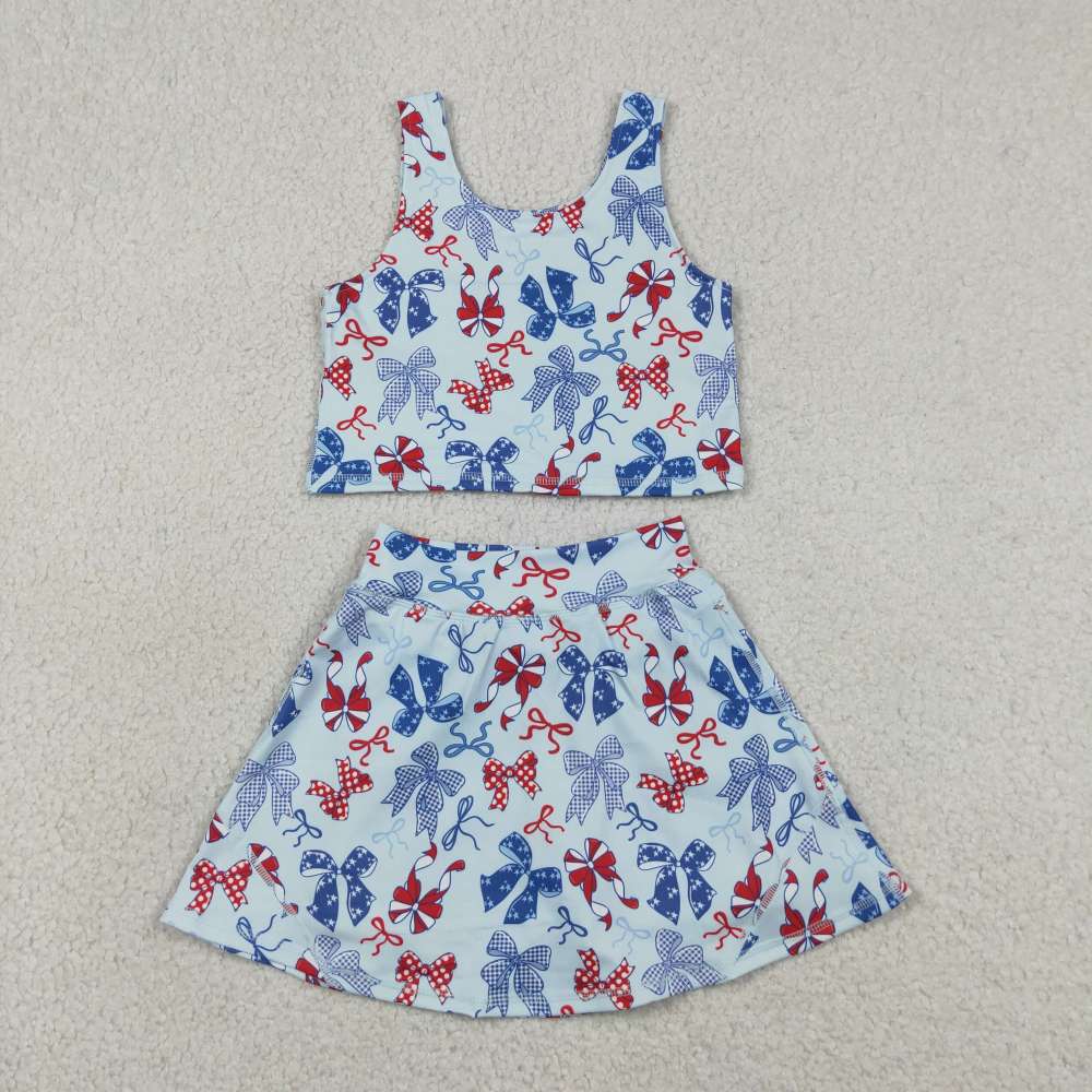 GSD3874 RTS Red Blue bows print active girl yoga skirt dress