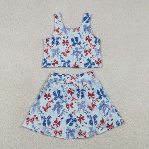GSD3874 RTS Red Blue bows print active girl yoga skirt dress