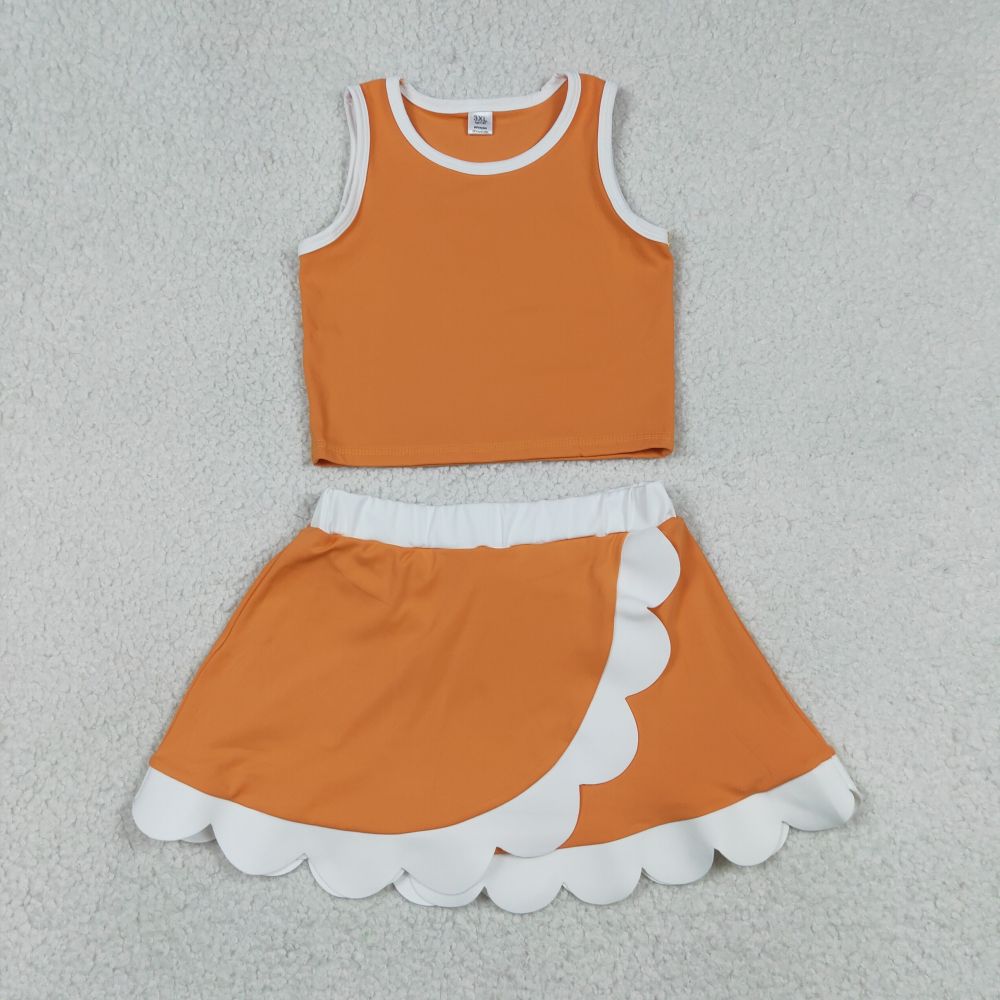GSD4033  RTS Oraneg white trim print active girl yoga scallop skirt dress