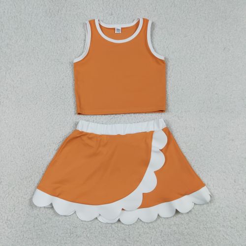 GSD4033  RTS Oraneg white trim print active girl yoga scallop skirt dress