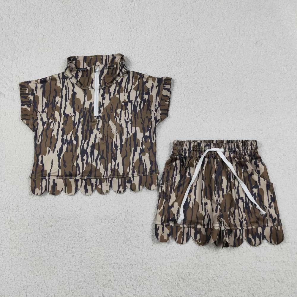 GSSO3563 Olive camo short sleeve girl Scallop outfits
