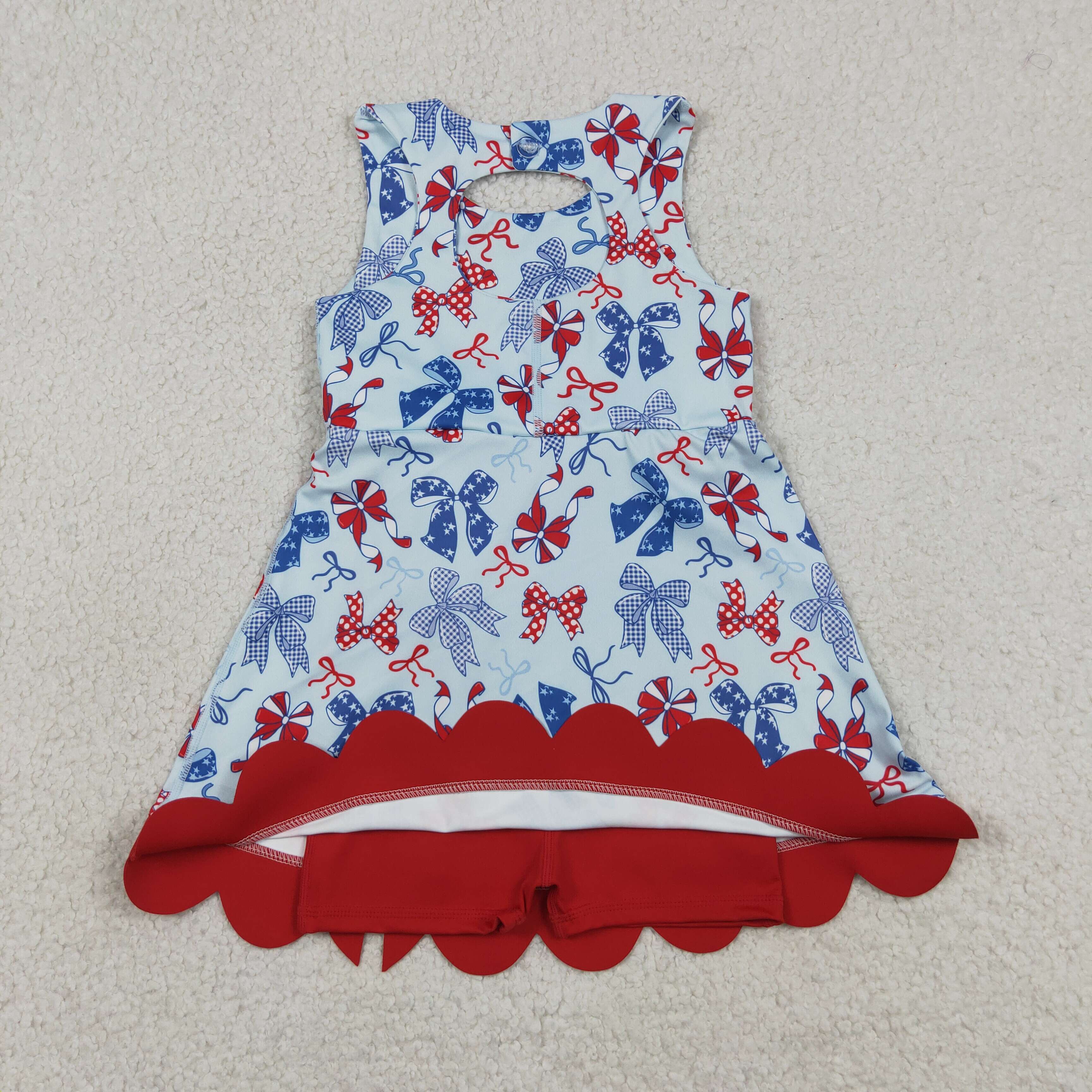 GSD3875   RTS 4th of july bows  print active girl yoga scallop dress