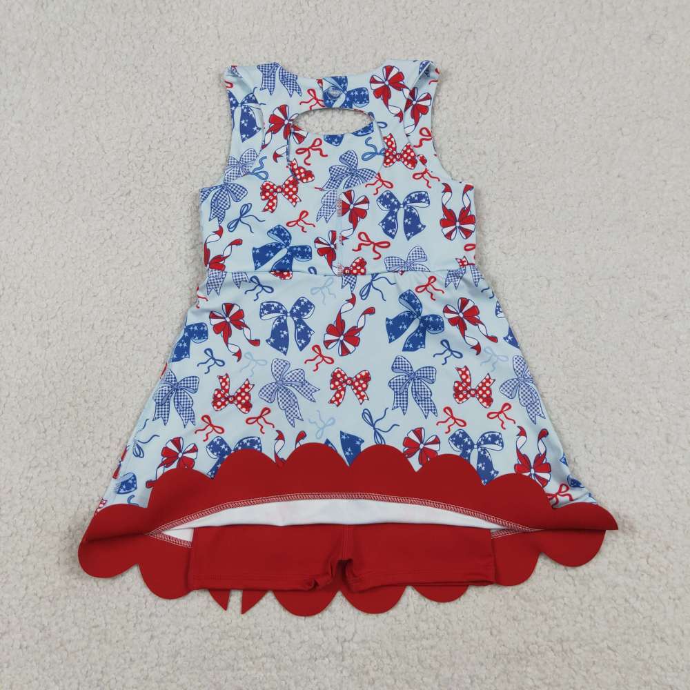 GSD3316   RTS green plaid bows  print active girl yoga scallop dress