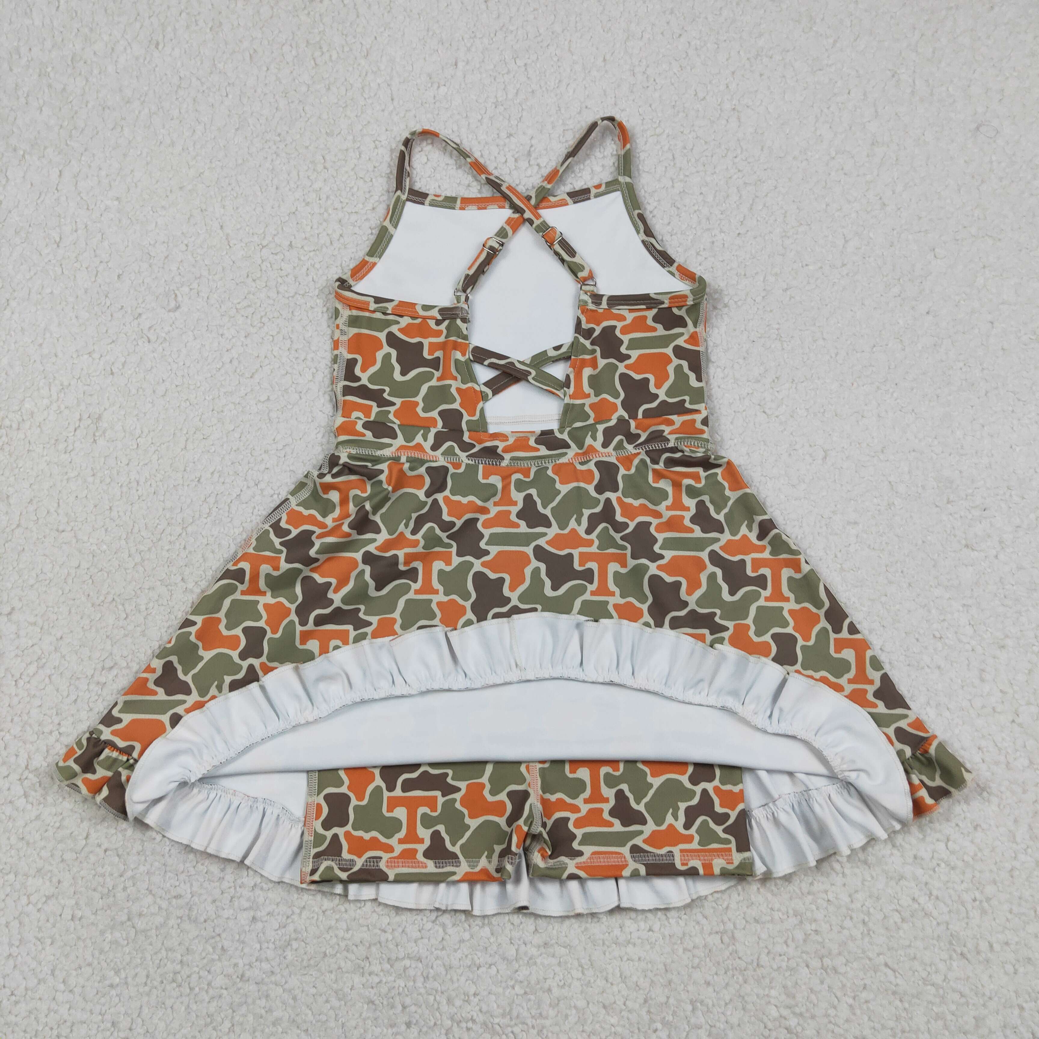 GSD3590  RTS TEAM T orange green camo girl  summer YOGA dress