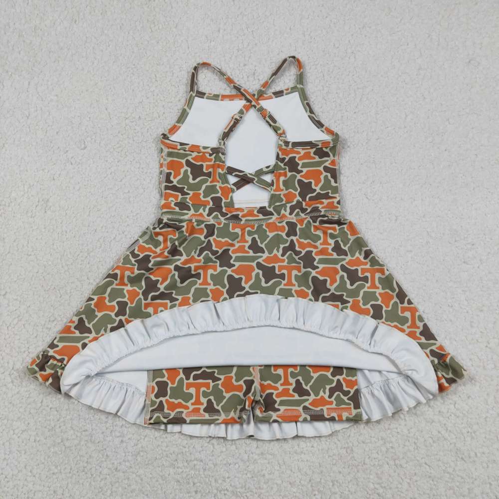 GSD3590  RTS TEAM T orange green camo girl  summer YOGA dress