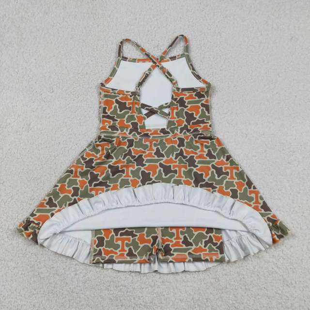GSD3590  RTS TEAM T orange green camo girl  summer YOGA dress
