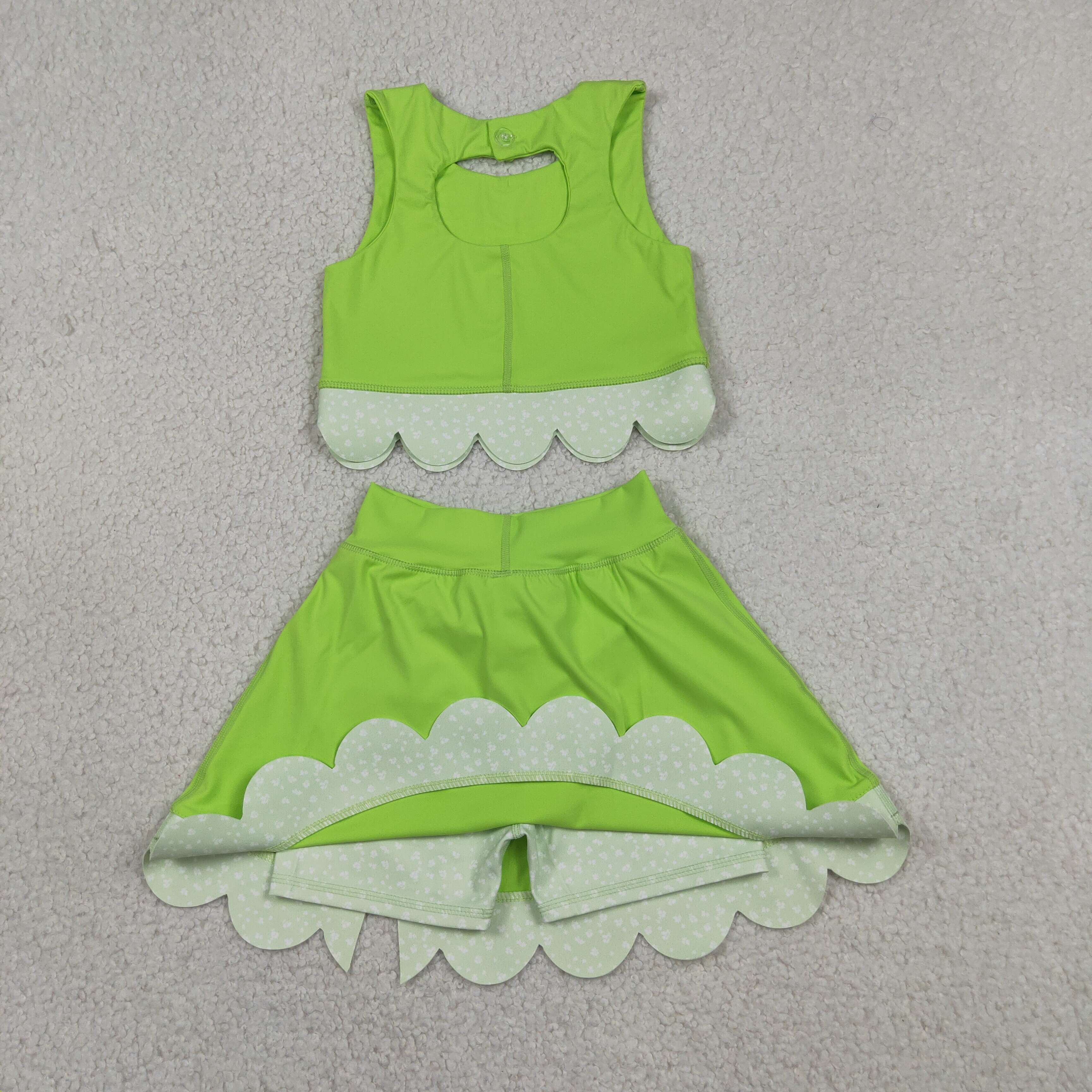 GSD3322  RTS grass Green solid plaid print active girl yoga scallop skirt dress