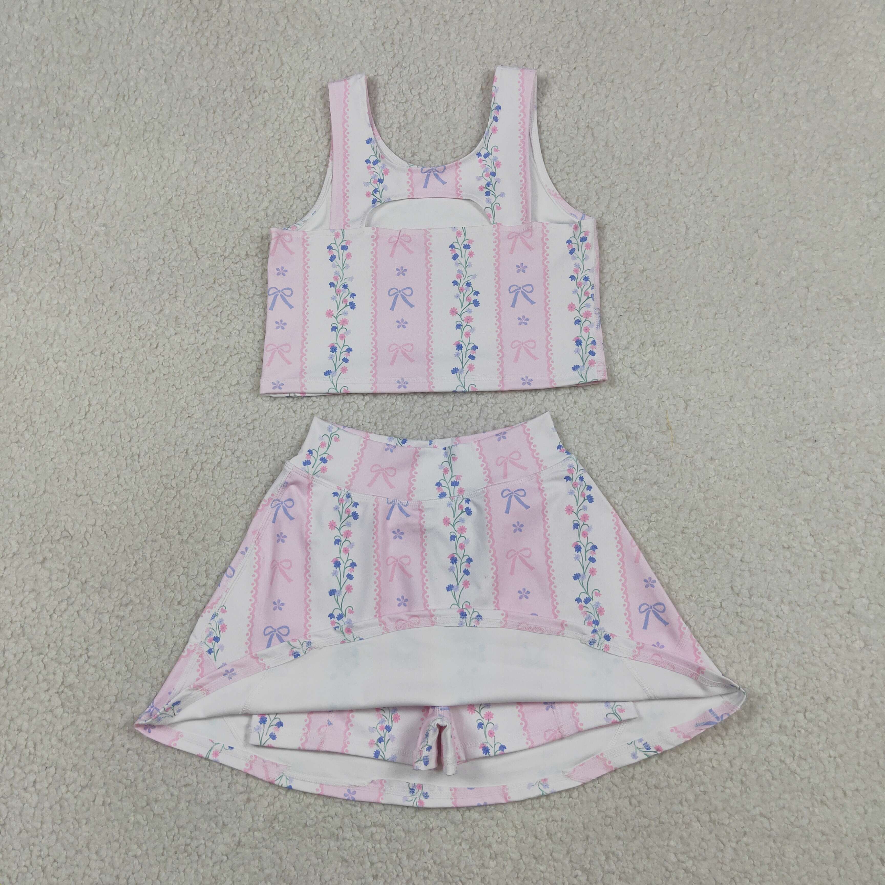 GSD2216  RTS Pink purple bows flowers bows print active girl yoga skirt dress