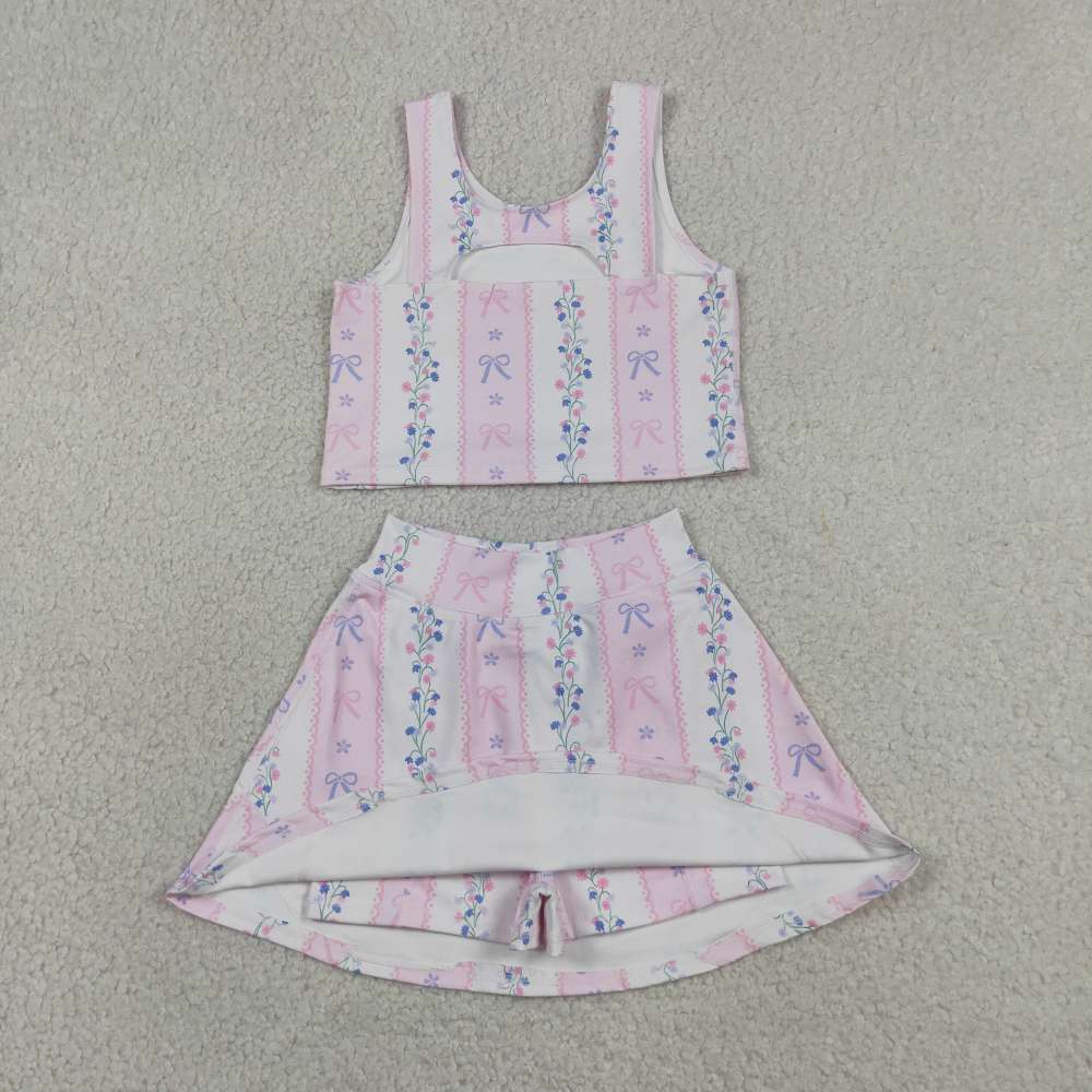 GSD2216  RTS Pink purple bows flowers bows print active girl yoga skirt dress