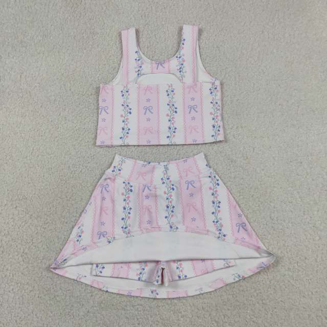 GSD2216  RTS Pink purple bows flowers bows print active girl yoga skirt dress
