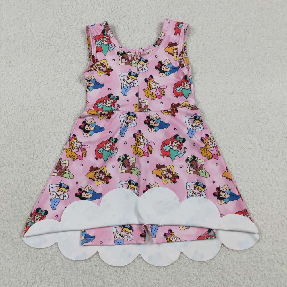 GSD2491   RTS Pink princess print girl  summer scallop YOGA dress