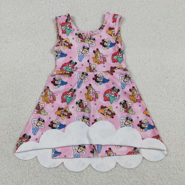 GSD2491   RTS Pink princess print girl  summer scallop YOGA dress