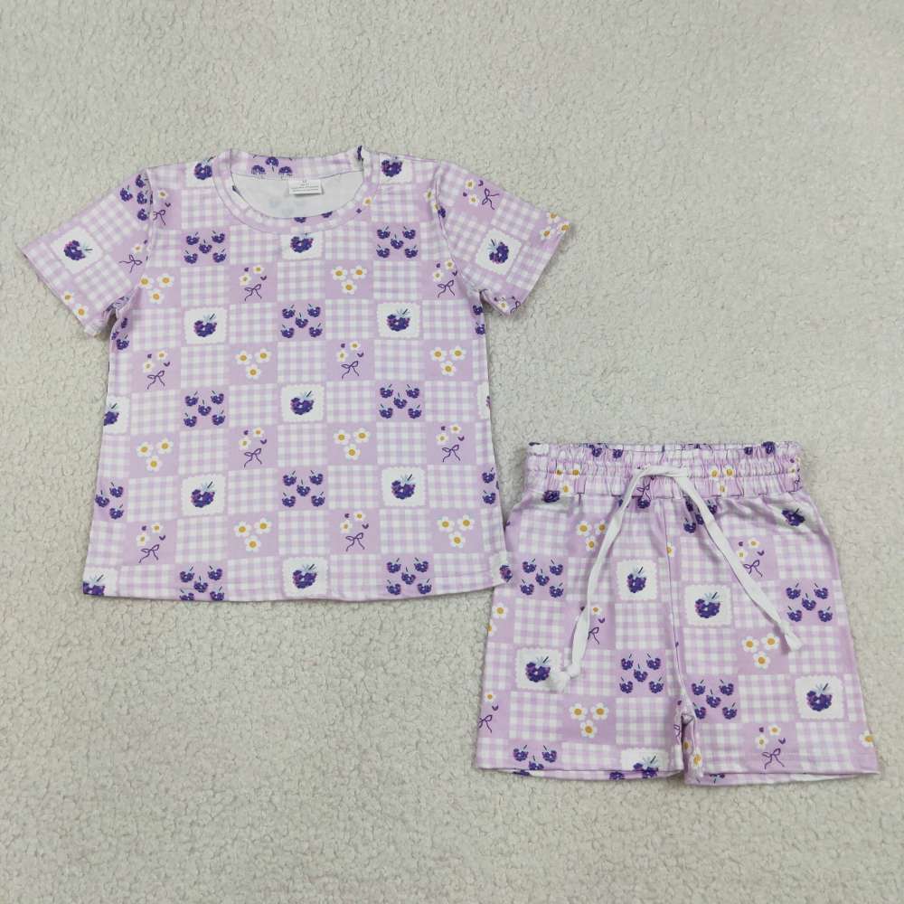 GSSO3647 purple plaid Grape print short sleeve girl outfits
