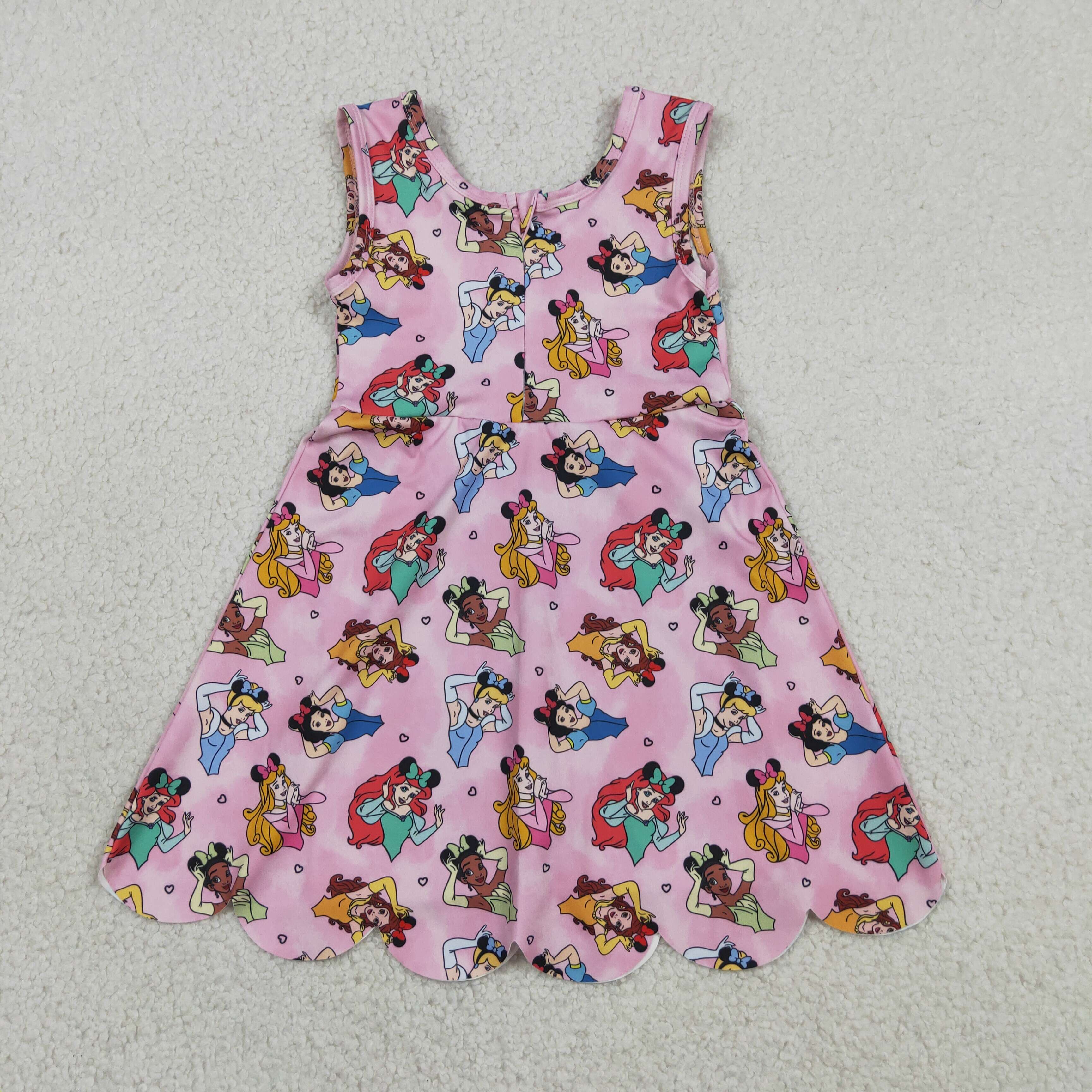 GSD2491   RTS Pink princess print girl  summer scallop YOGA dress